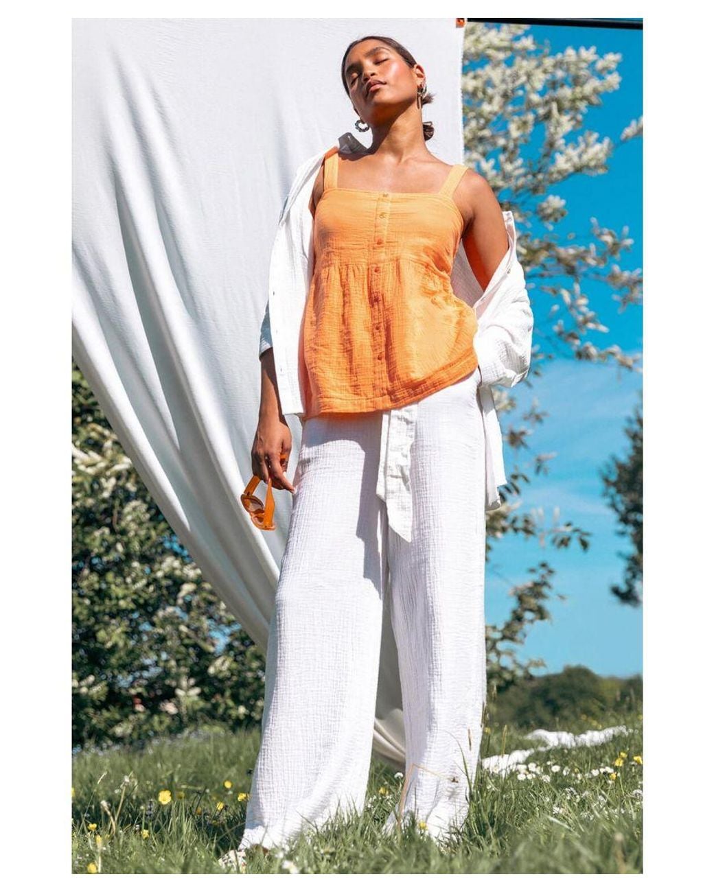Roman Orange Cotton Button Through Shirred Vest Top