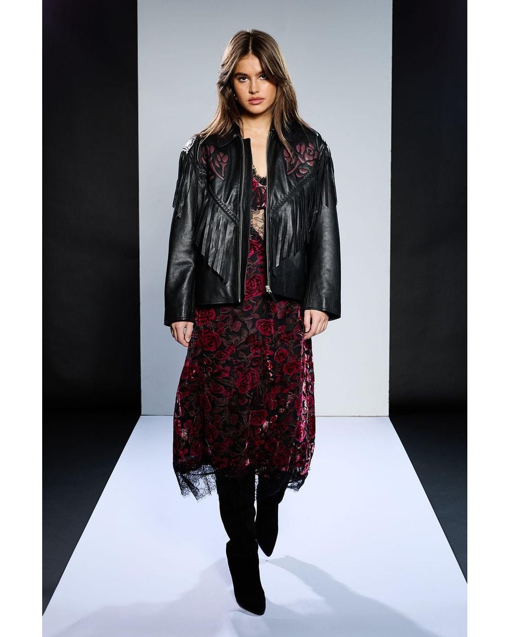 Runway Black 1.8.1.8 Leather Rose Detail Fringed Jacket