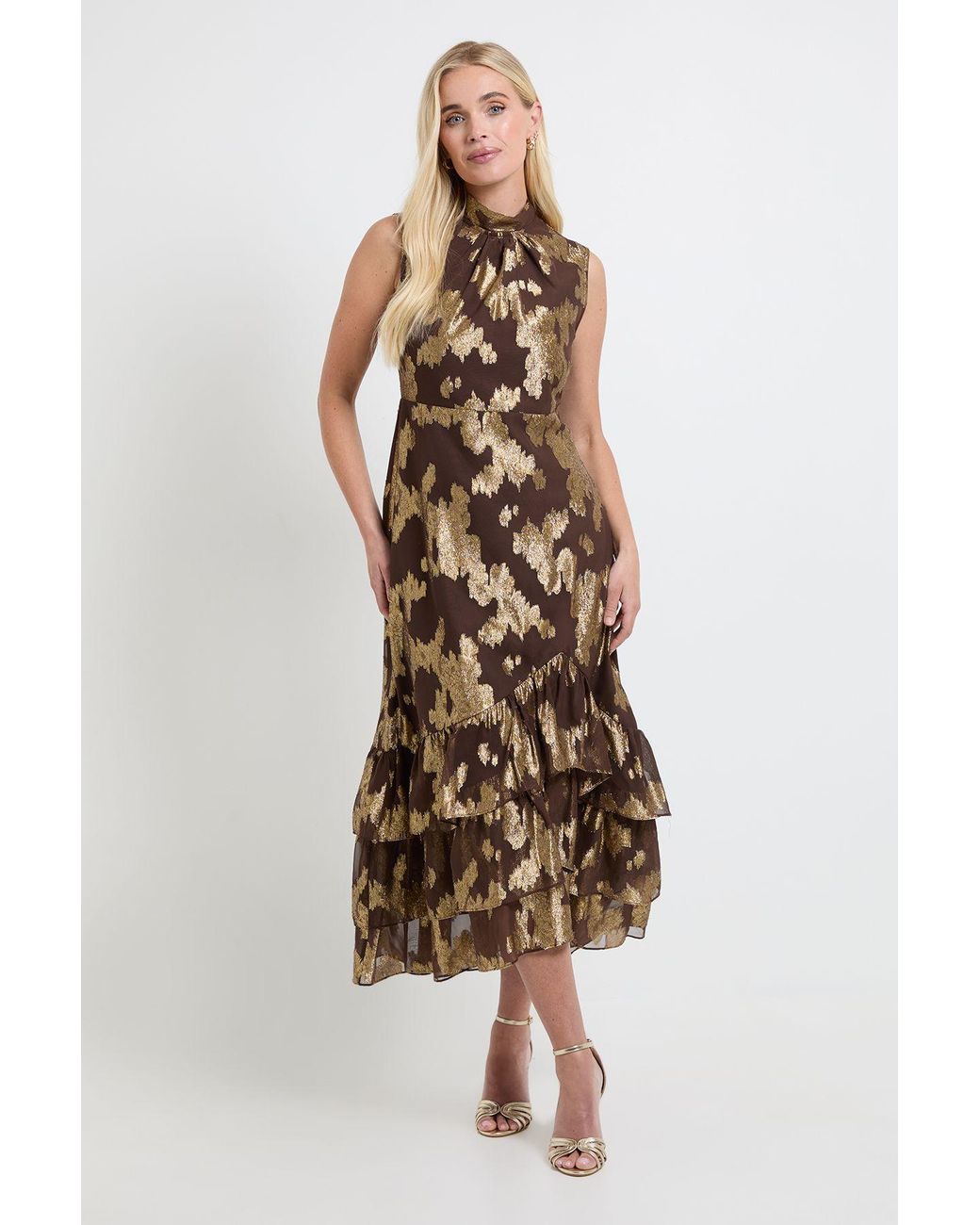Wallis Brown Petite Metallic Ruffle Hem Maxi Dress