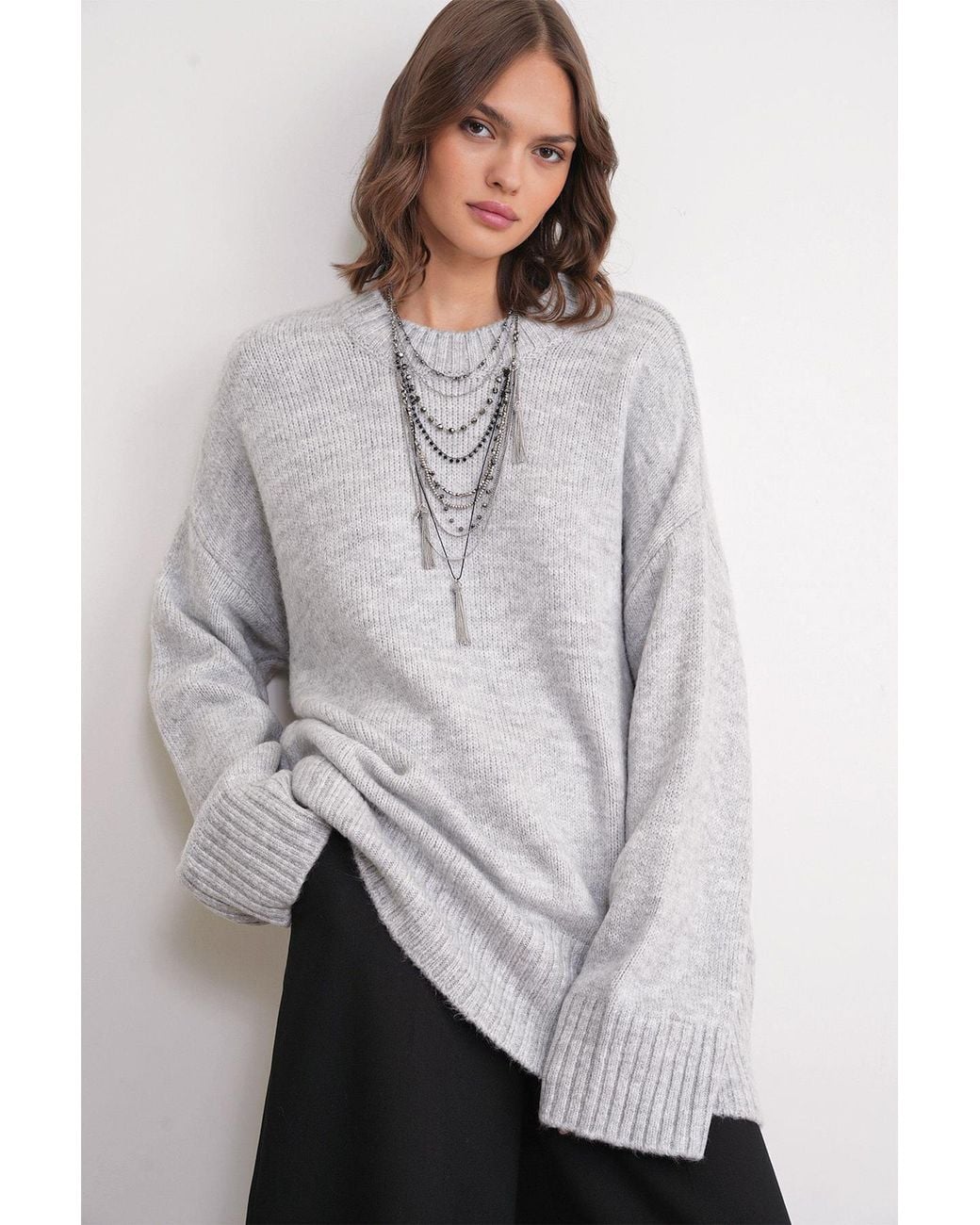 MixRay Gray Oversized Ribbed Knit Sweater With Crew Neck