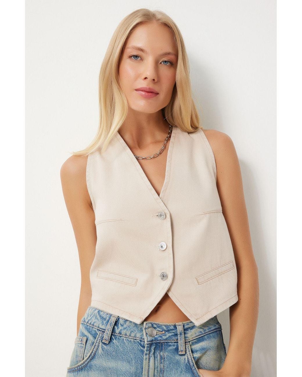 Happiness İstanbul White Denim V-Neck Sleeveless Crop Waistcoat