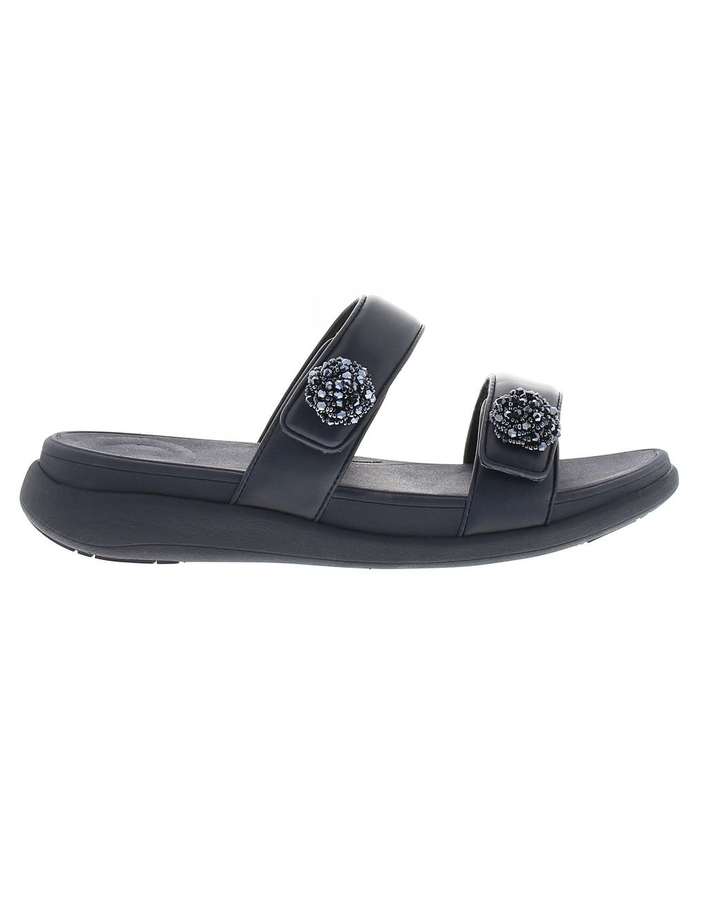 Fitflop Black Flat Sandals Mode Go Beadie Button Flatform Slip On Mindight