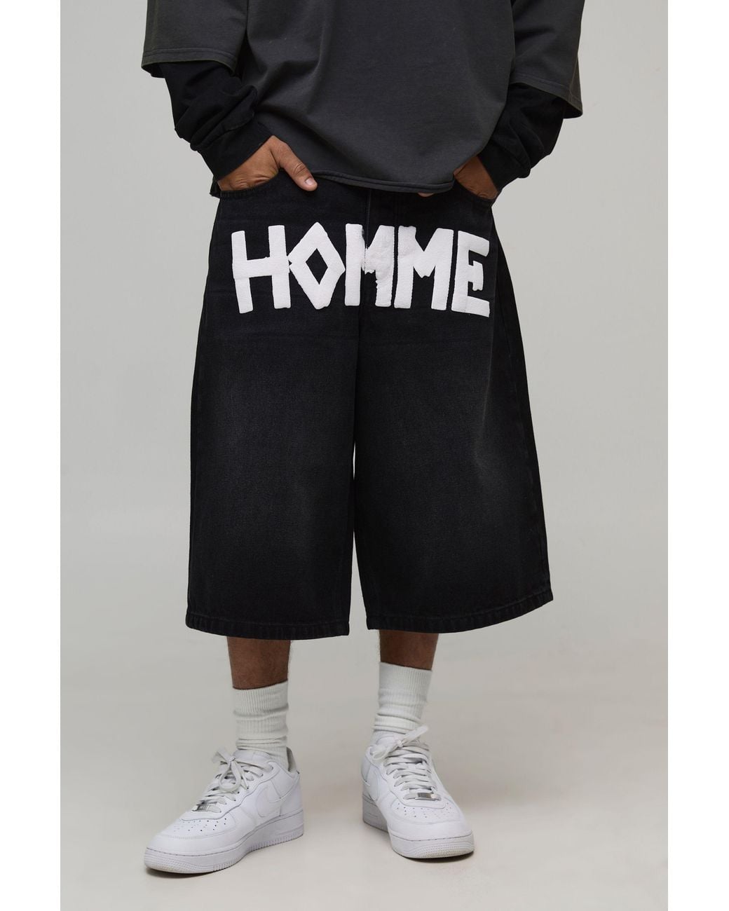 BoohooMAN Black Tape Effect Crotch Print Longline Denim Jorts for men