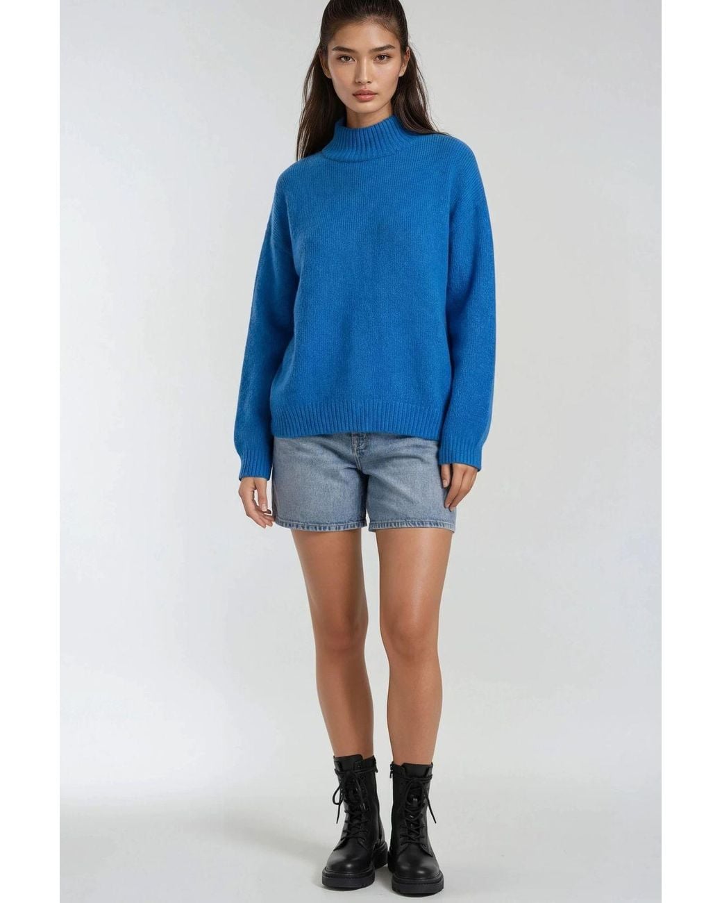 MixRay Blue Relaxed Fit Crew Neck Thick Knit Sweater
