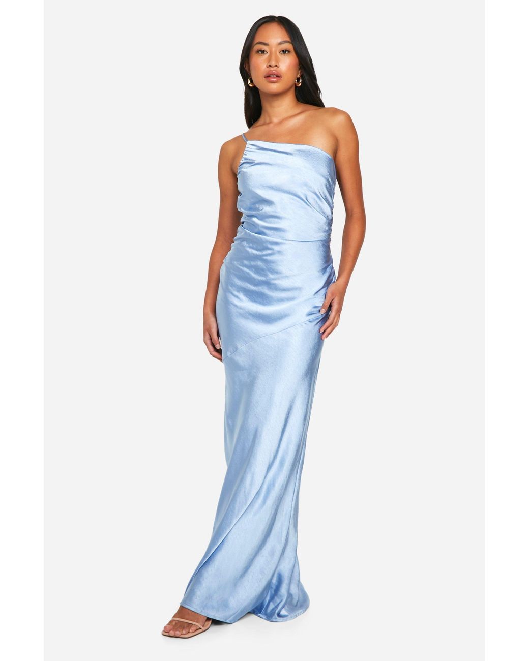 Boohoo Blue Bridesmaid Satin Asymmetric Maxi Dress