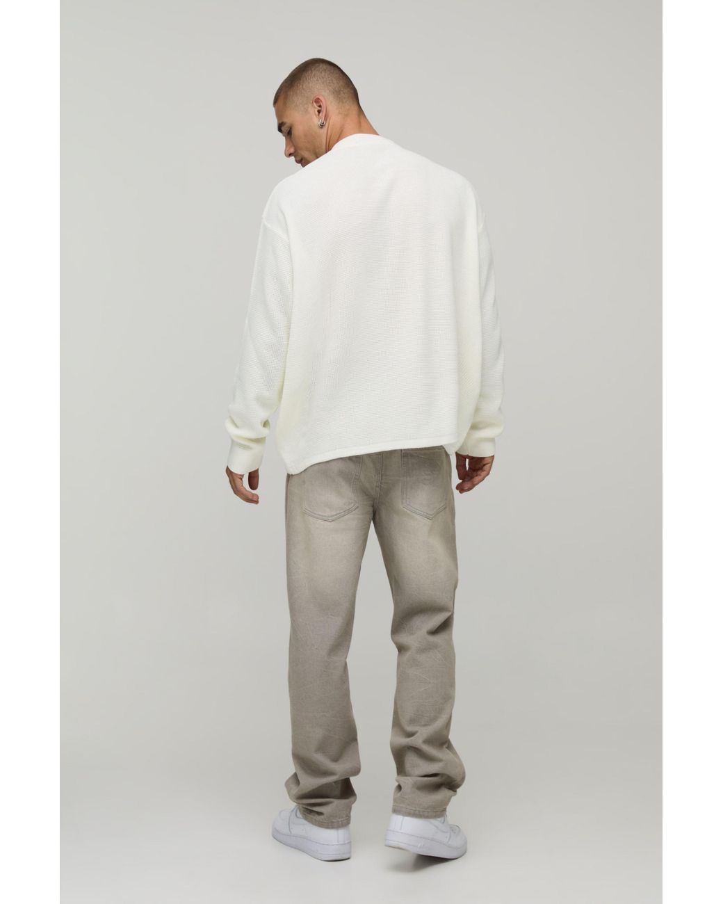 BoohooMAN White Essential Relaxed Fit Henley Waffle Knitted T-Shirt for men