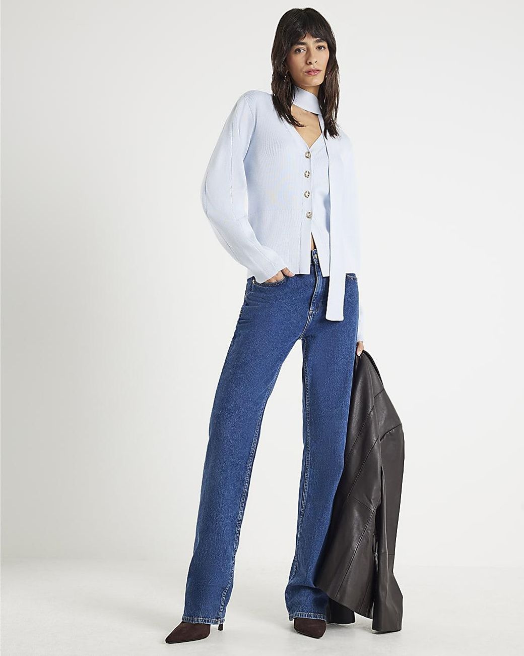 River Island Blue Cardigan Knitted Tie Neck V-Neck Viscose