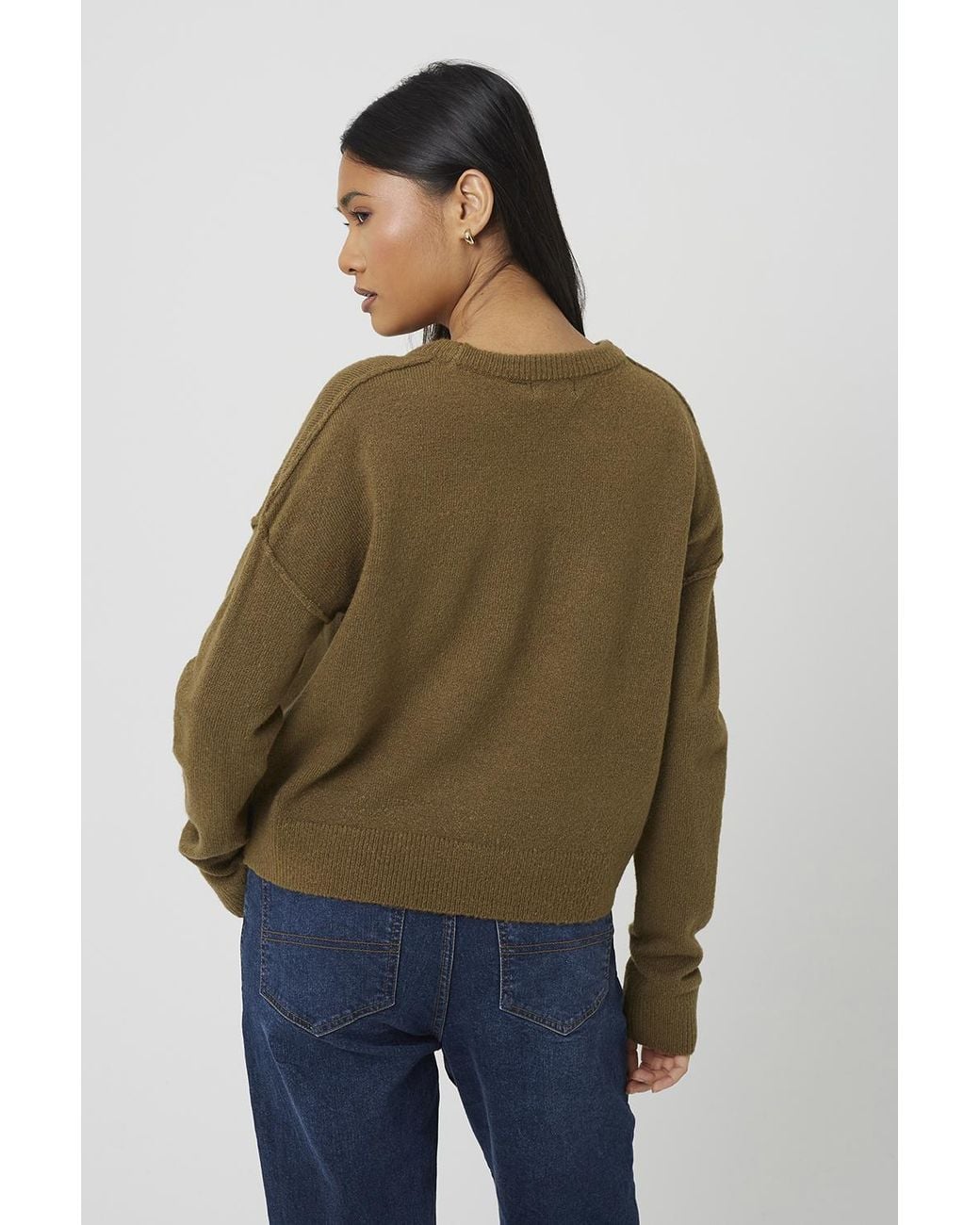 Brave Soul Green Loose Fit Exposed Seam Jumper
