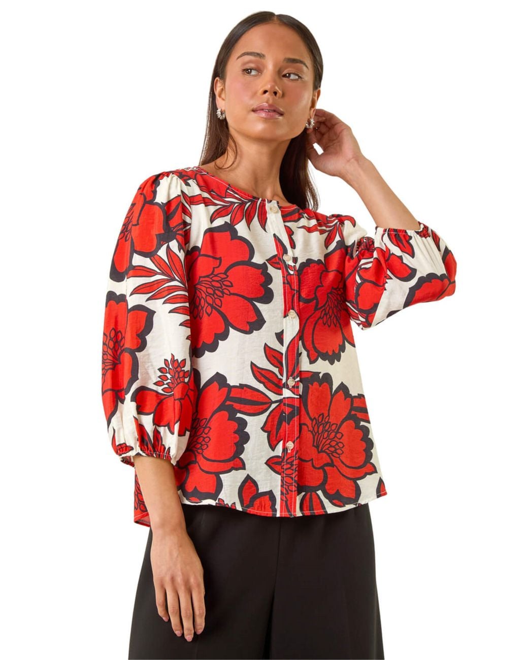 Roman Red Petite Floral Buttoned Blouse