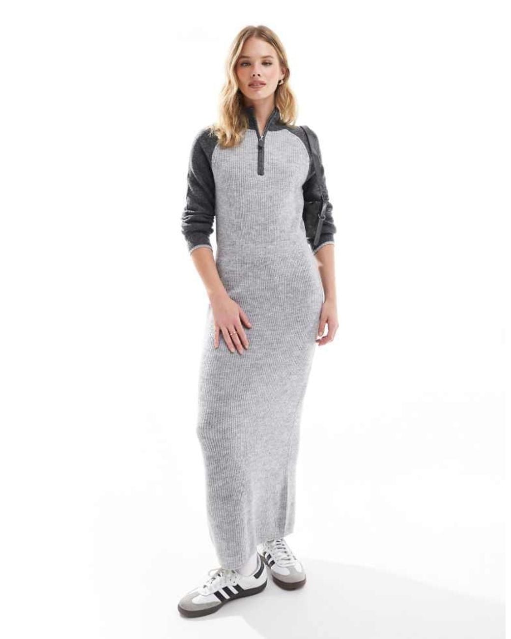 Vero Moda Gray Colourblock Polo Zip Front Knitted Dress