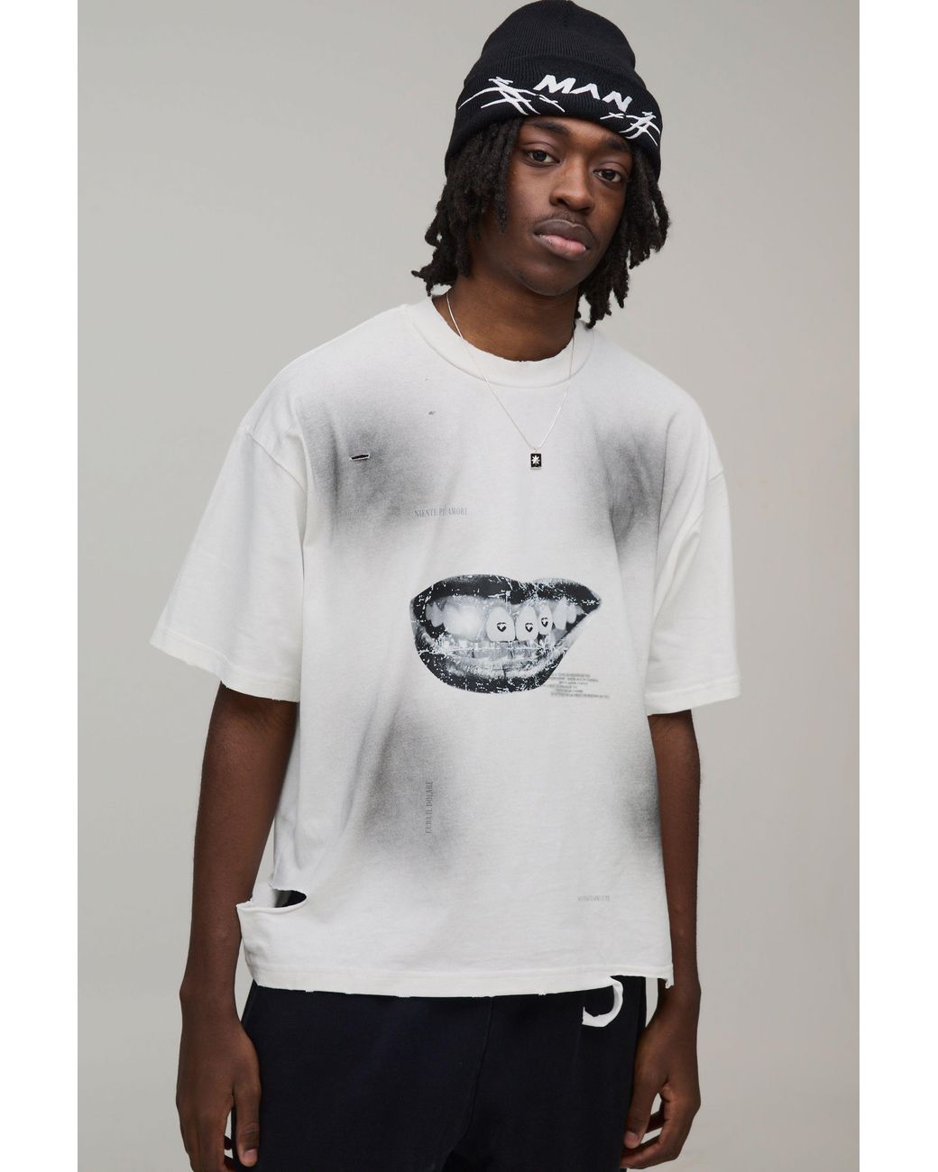 BoohooMAN Gray Premium Oversized Boxy Washed Printed T-Shirt for men