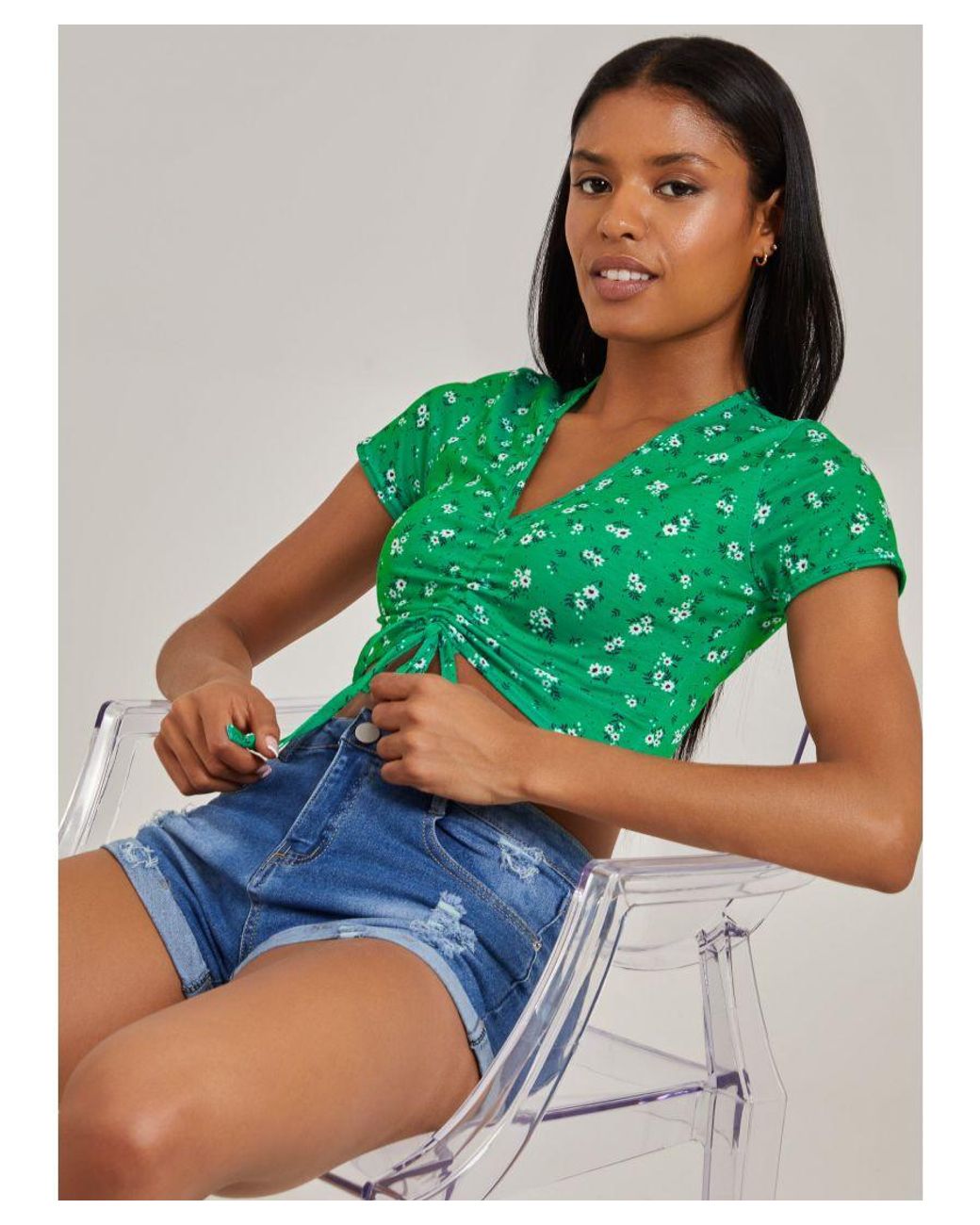 Pink Vanilla Green Gathered Short Sleeve Floral Crop Top