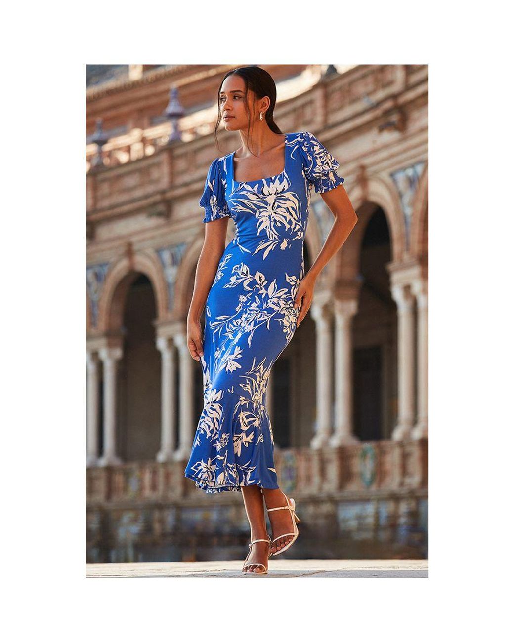Sosandar Blue Floral Print Fluted Hem Midi Jersey Dress