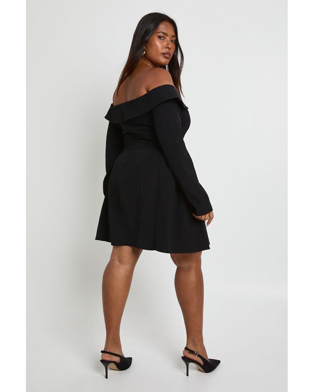 Boohoo Black Plus Long Sleeve Bardot Structured Skater Dress