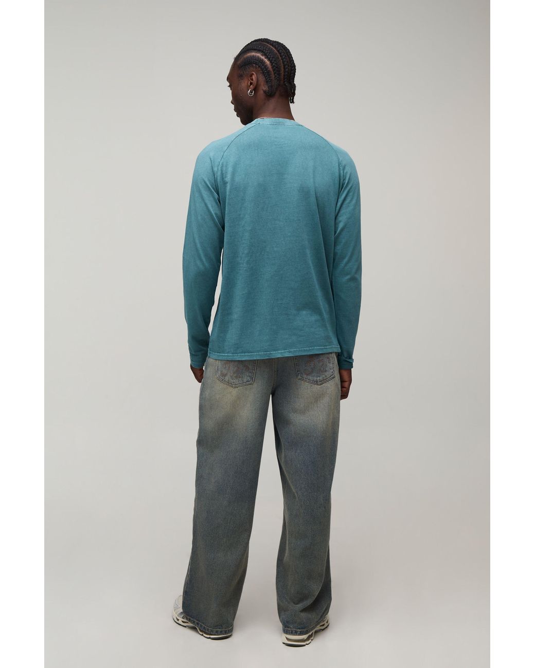BoohooMAN Blue Tall Essential Washed Regular Fit Raglan Long Sleeve Front Pocket T-Shirt for men