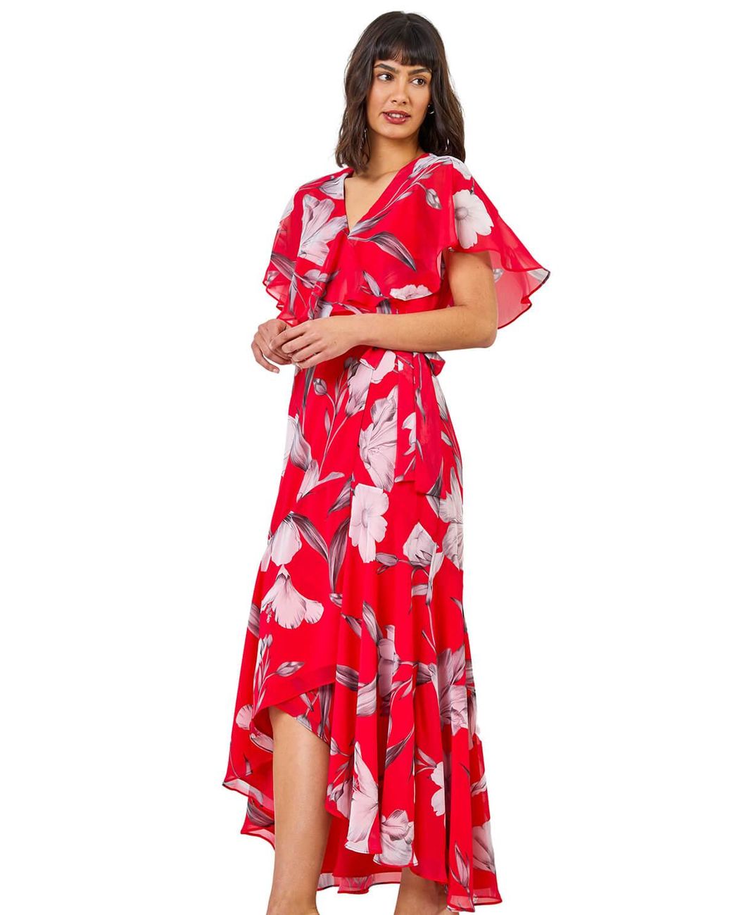 Roman Red Floral Print Frill Cape Midi Dress