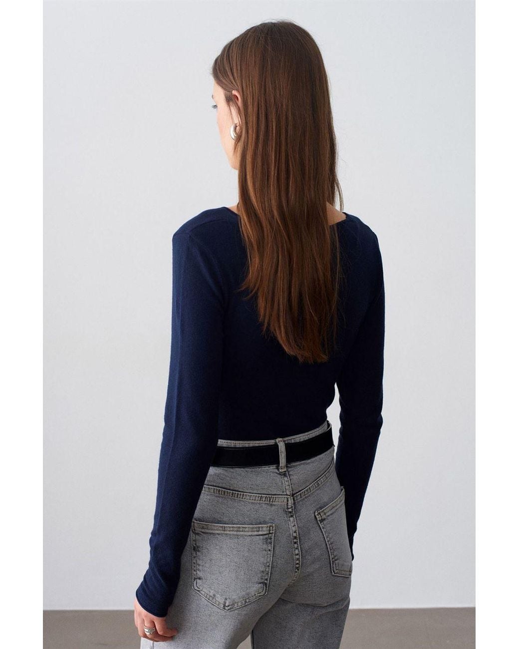 Dilvin Blue Slim Fit V-Neck Ribbed Knit Sweater