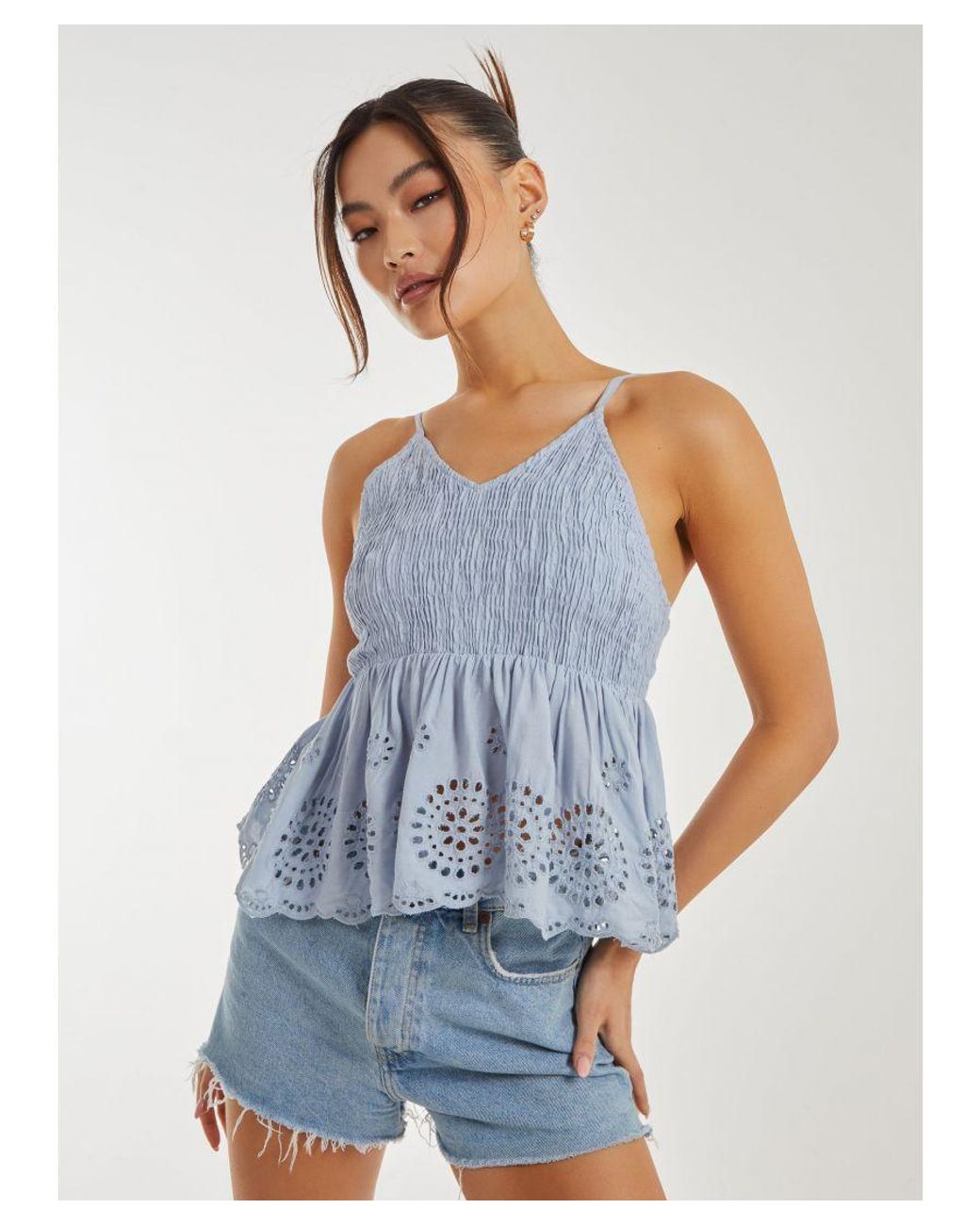 Pink Vanilla White Shirred Broderie Cami Top