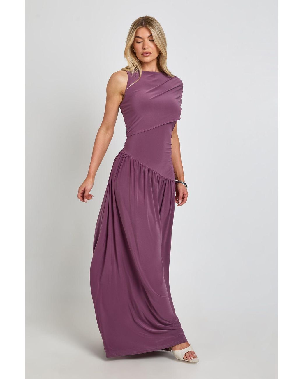 Boohoo Purple Slinky Asym Neck Ruched Detail Maxi Dress