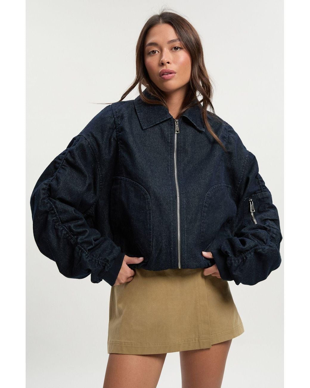 Boohoo Blue Ruched Sleeve Denim Bomber Jacket
