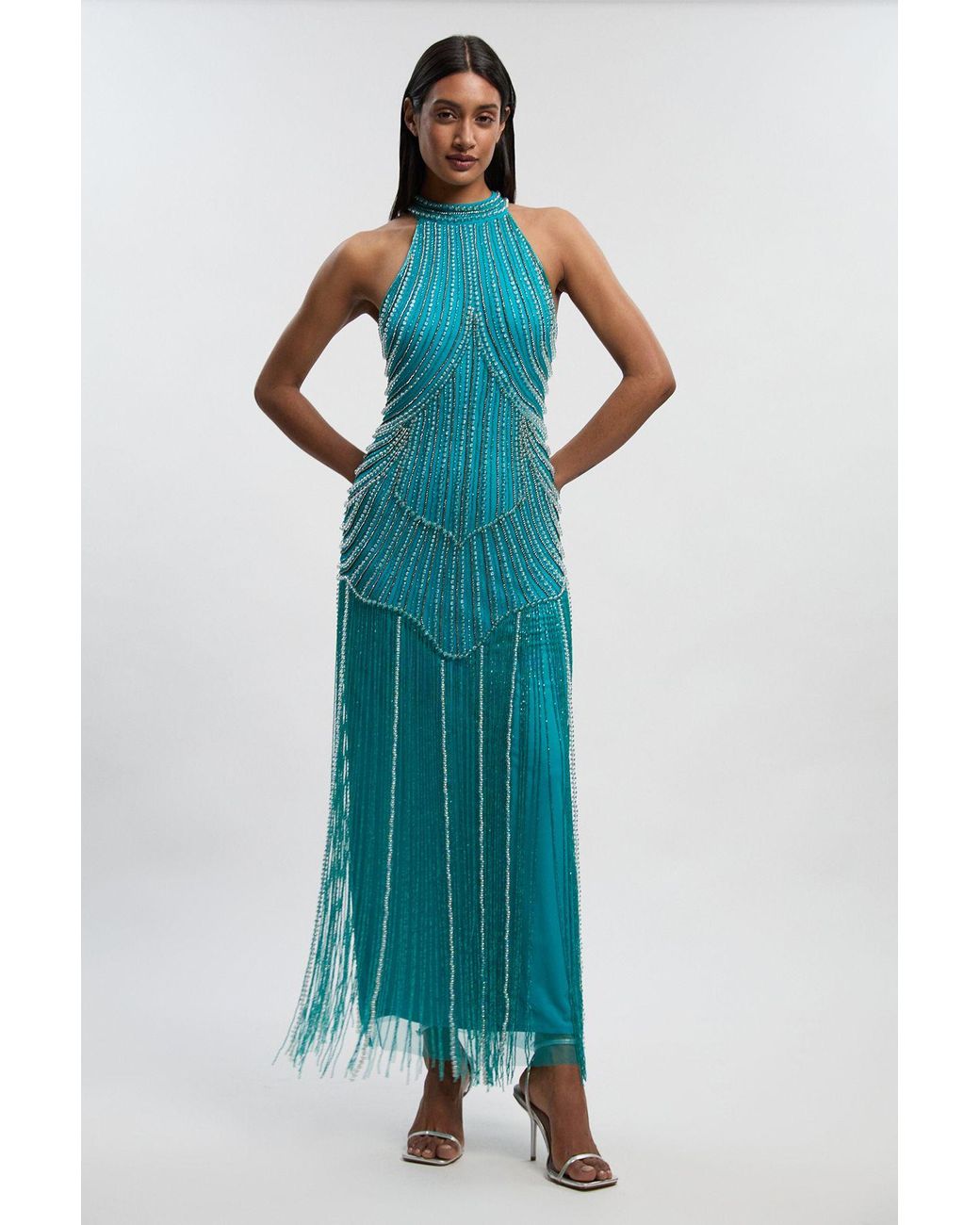 Karen Millen Blue Petite Crystal Embellished Fringed Woven Midi Dress