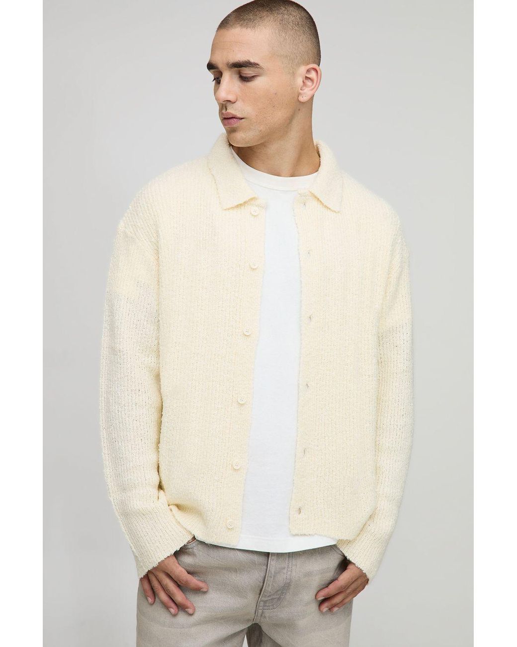 BoohooMAN Natural Boxy Fit Brushed Knitted Shirt for men