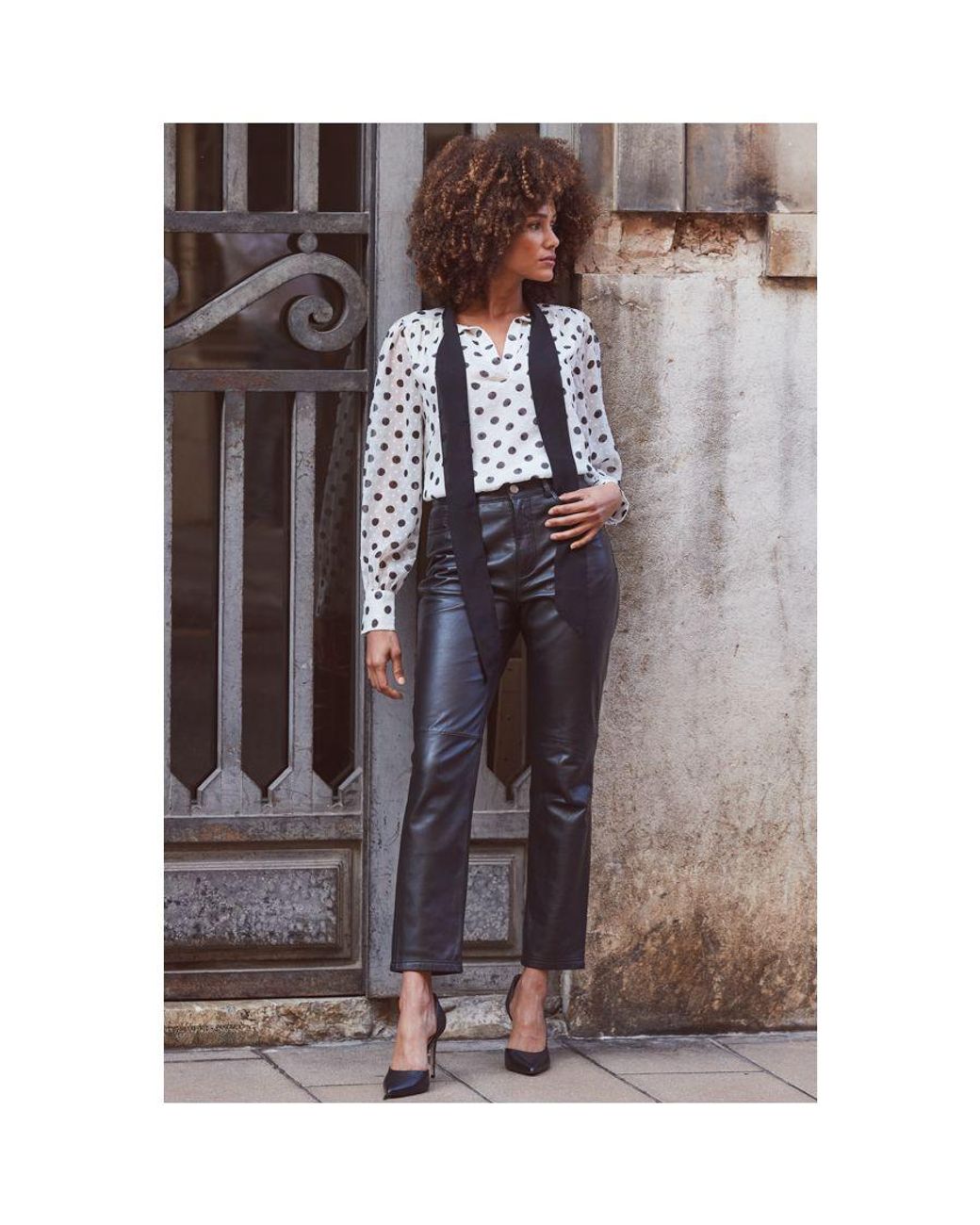 Sosandar Brown Ivory & Spot Print Tie Neck Blouse