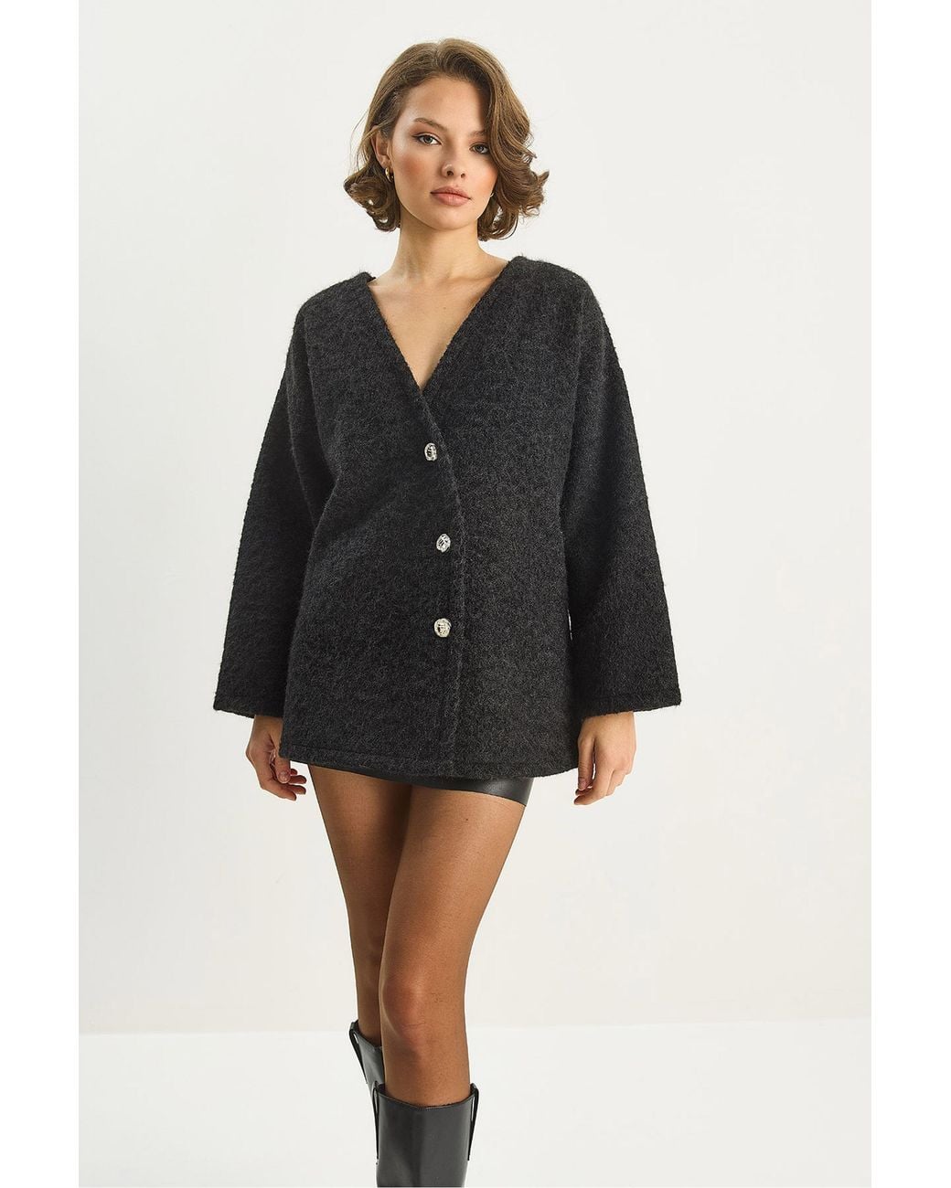 Bianco Lucci Black Textured V-Neck Button Cardigan