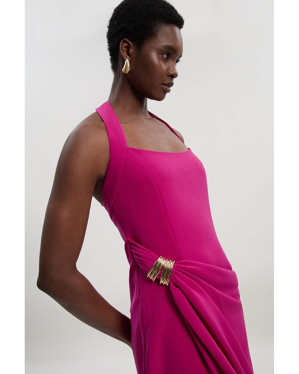 Karen Millen Pink Polished Tailored Halter Neck Gathered Midi Dress