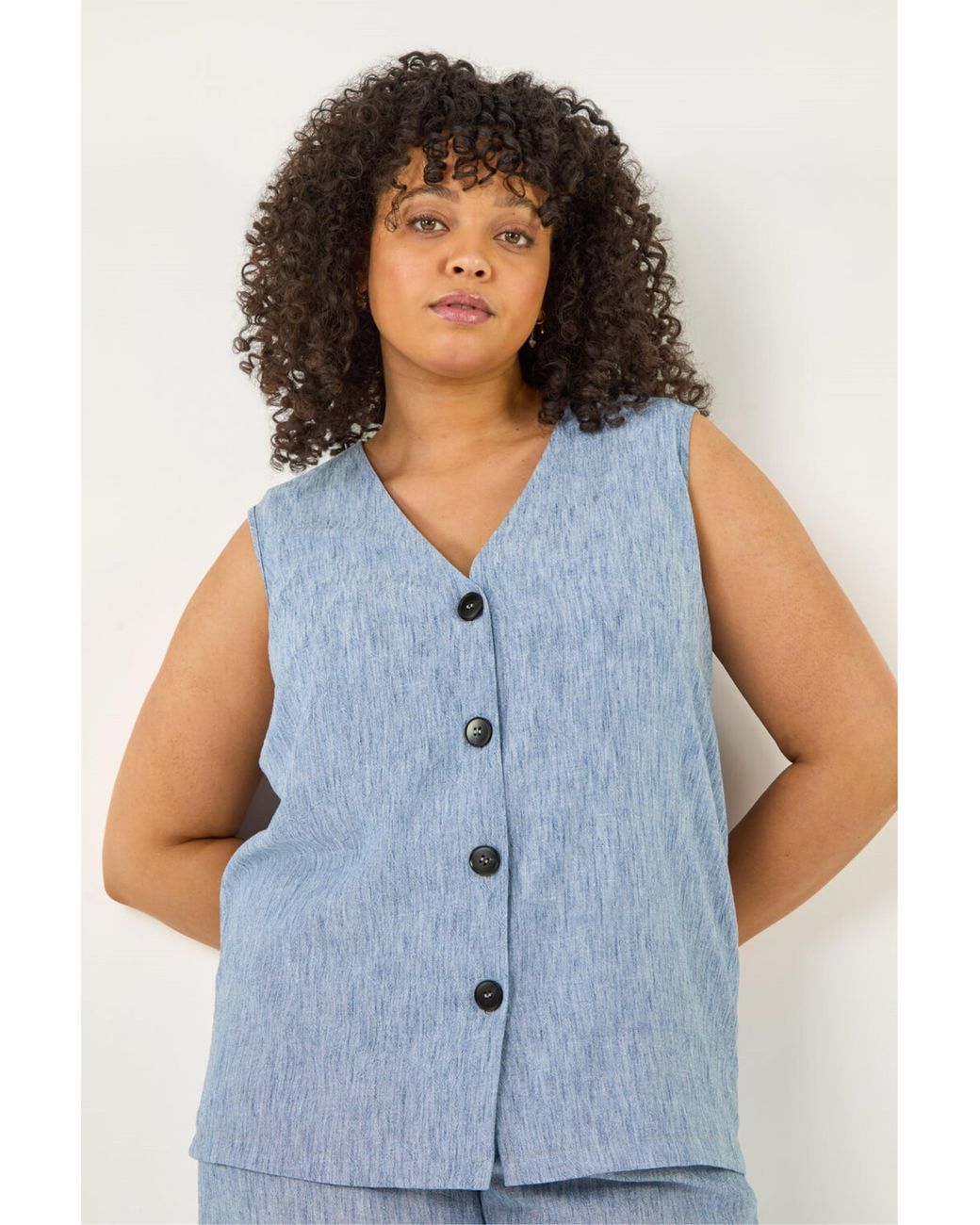 Roman Blue Curve Buttoned Relaxed Waistcoat
