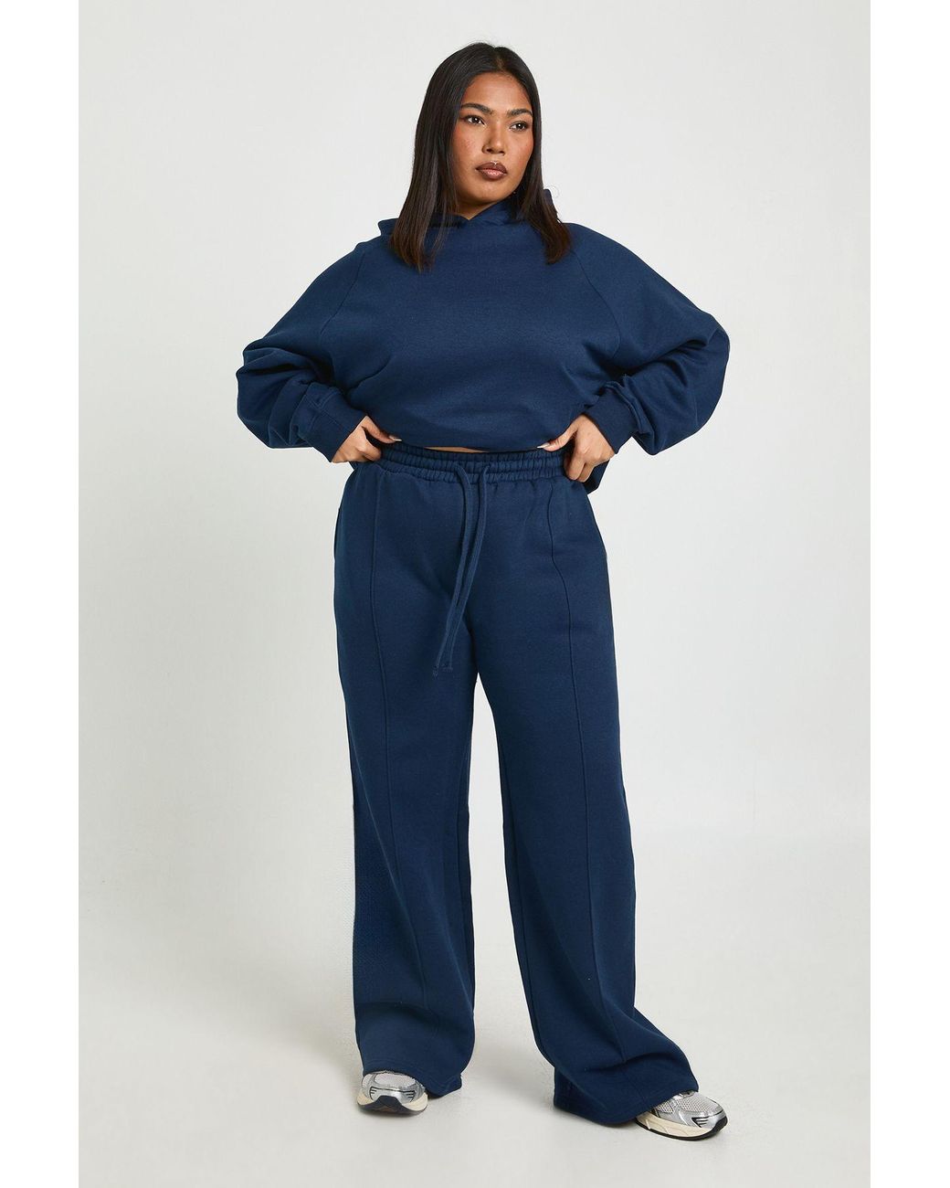 Boohoo Blue Plus Core Basic Pintuck Detail Deep Waistband Wide Leg Jogger