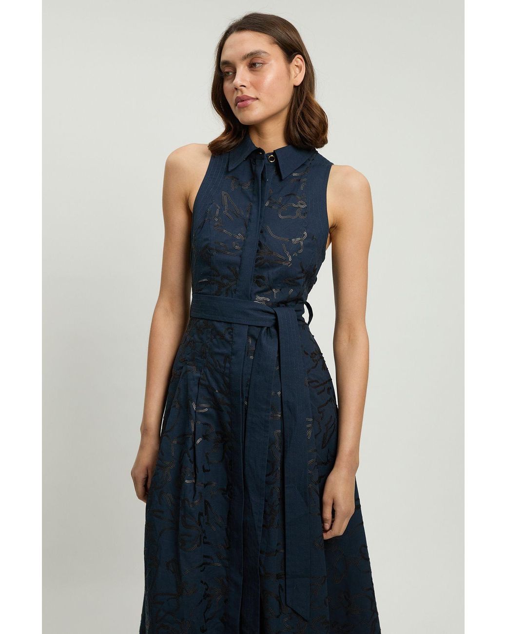 Karen Millen Blue Linen Matte Sequin Collared Midi Dress