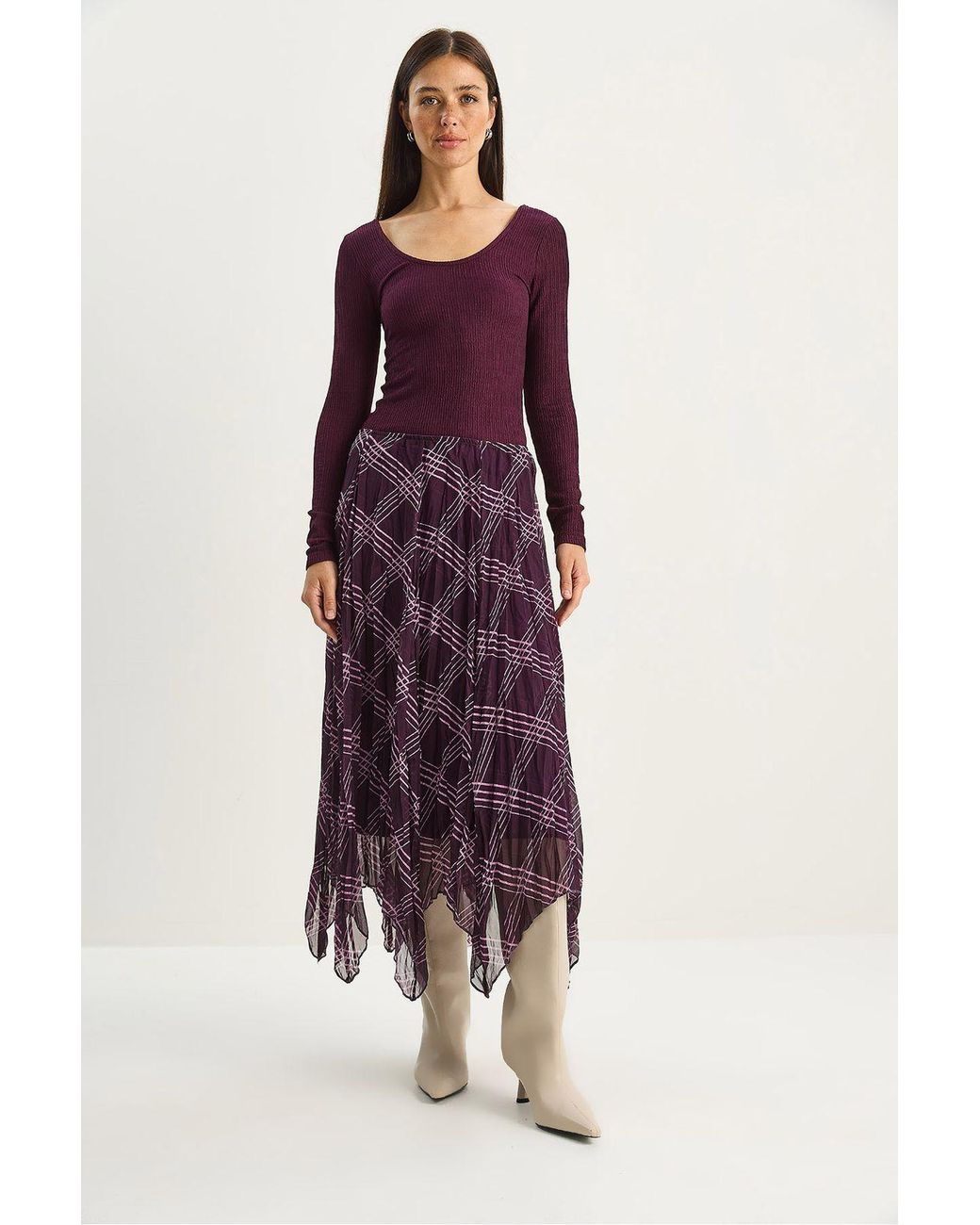 Bianco Lucci Purple Lined Checkered Midi Skirt