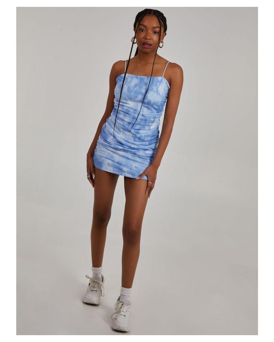 Pink Vanilla Blue Soft Smudge Print Mesh Strappy Mini Dress