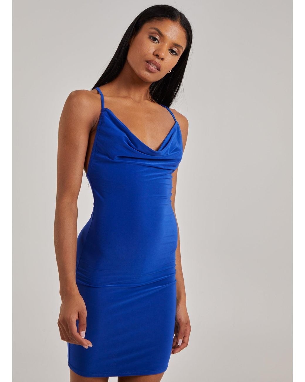 Pink Vanilla Blue Cowl Neck Slinky Mini Dress