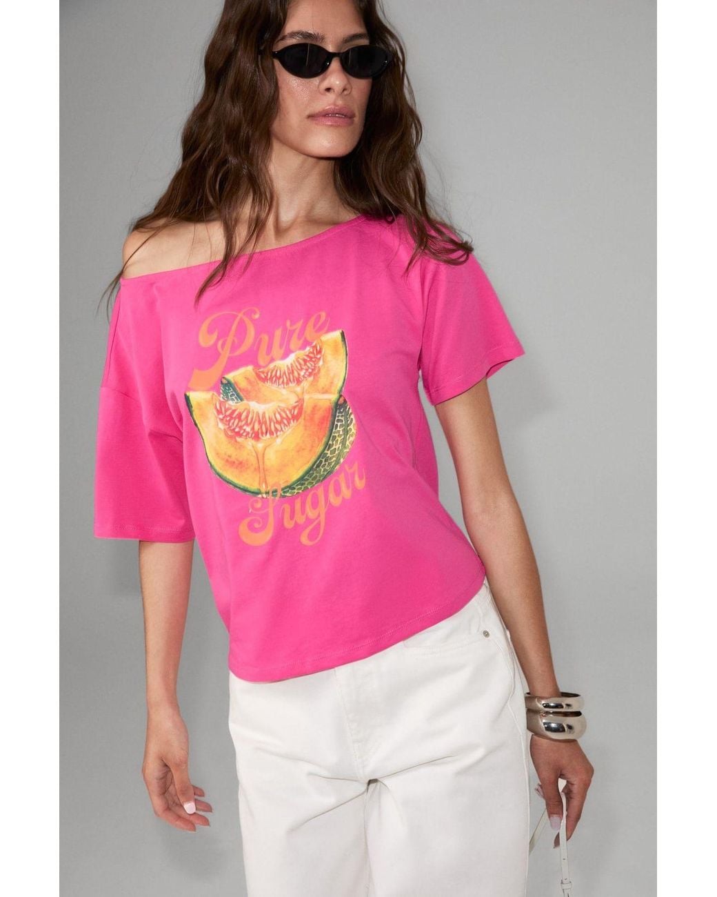 Grimelange Pink Printed Crop Boat Neck T-Shirt