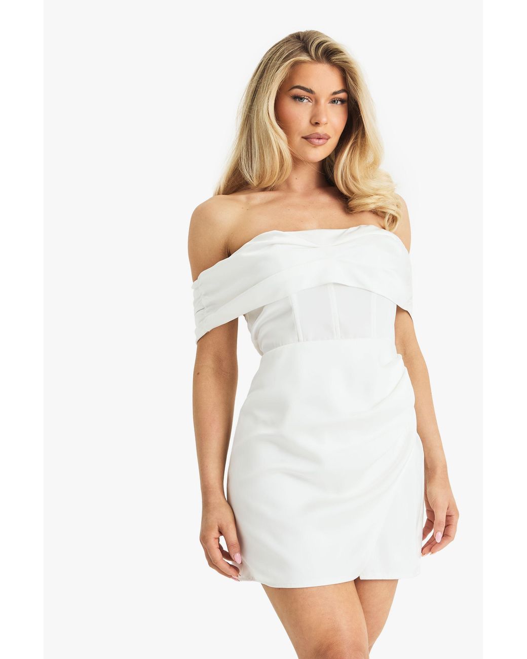 Boohoo White Satin Ruched Bardot Drape Detail Mini Dress