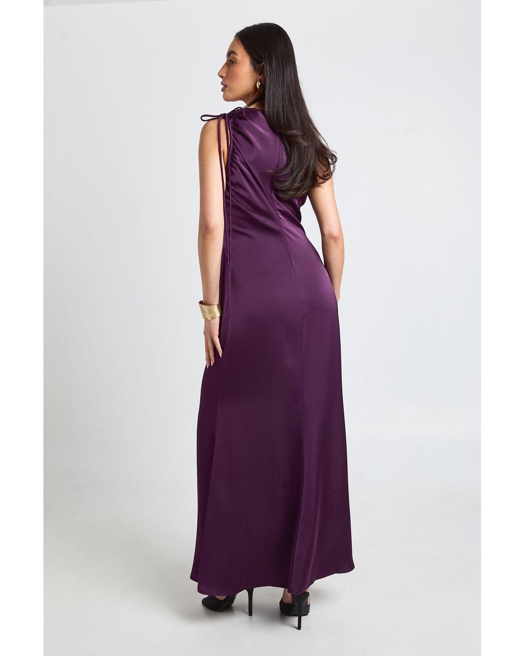 Boohoo Purple Satin Ruched Shoulder Detail Sleeveless Maxi Dress