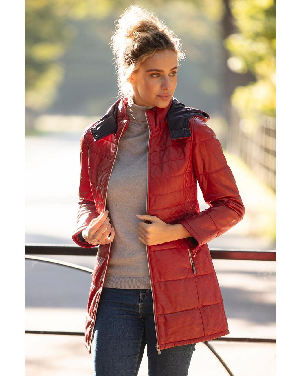 Monom Red 'Sofia' Detachable Hood Three Quarter Leather Jacket