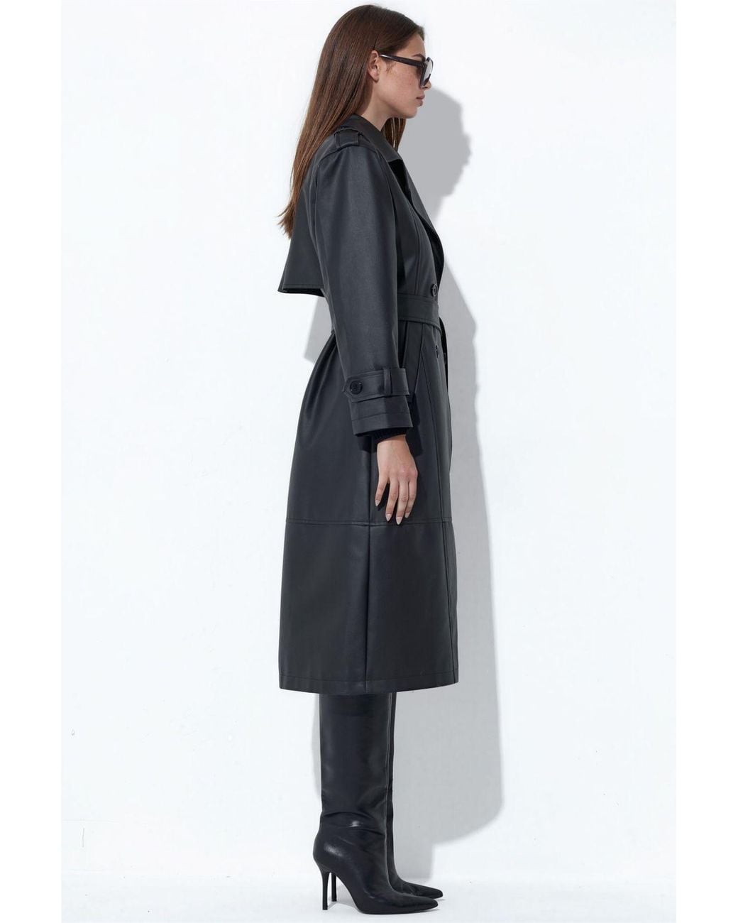 Hiccup Black Belted Long Faux Leather Trench Coat