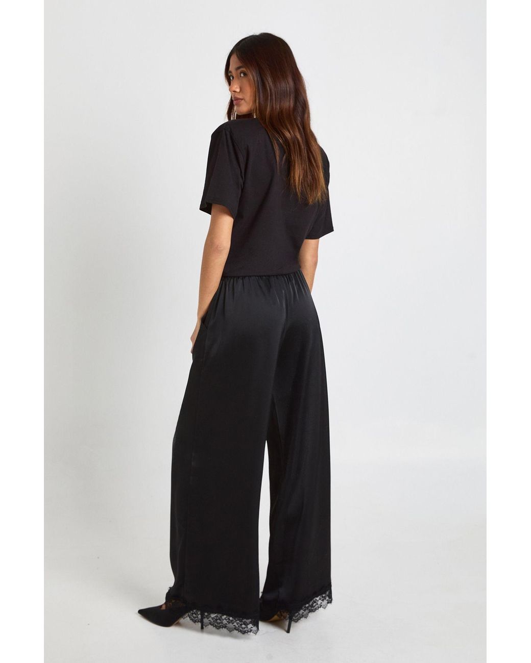 Boohoo Red Satin Lace Trim Wide Leg Trousers