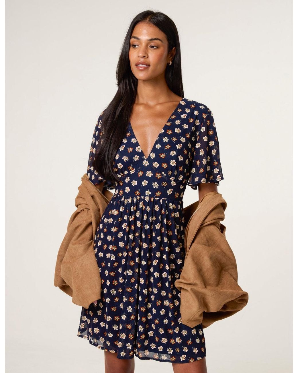 Blue Vanilla Blue Ditsy Floral V Neck Tie Back Mini Dress