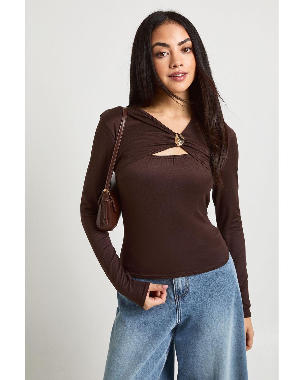Boohoo Brown Long Sleeve Top With Ruched Asymetric Neck Trim Detail
