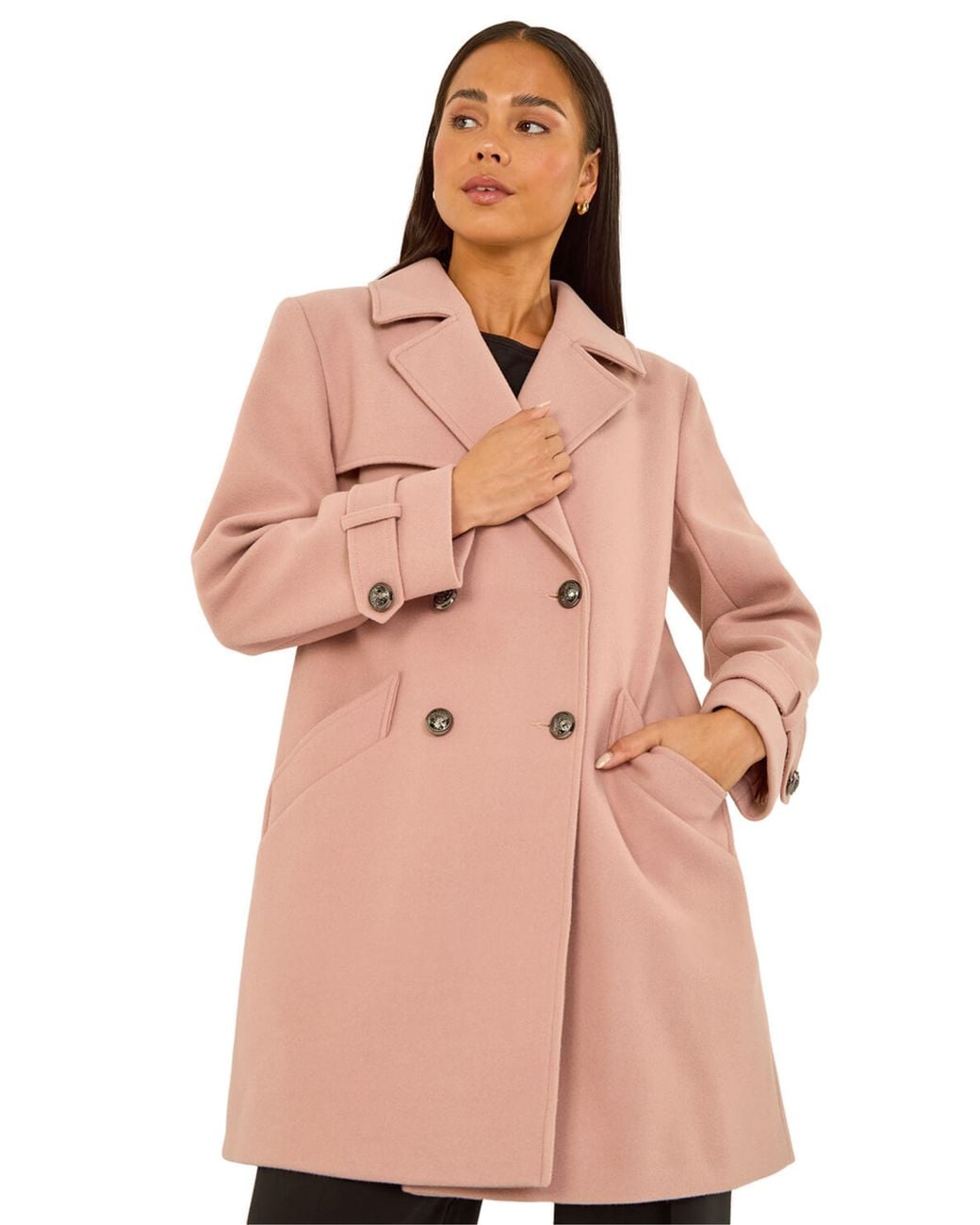 Roman Pink Petite Double Breasted Collared Peacoat