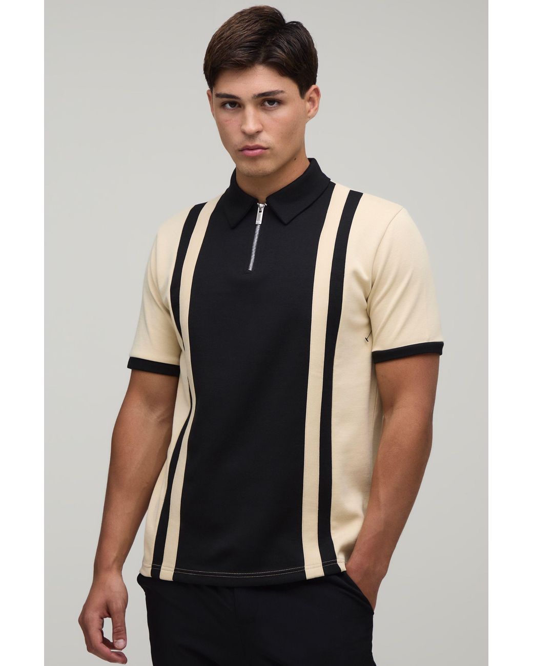 BoohooMAN White Slim Panelled Zip Neck Interlock Polo for men