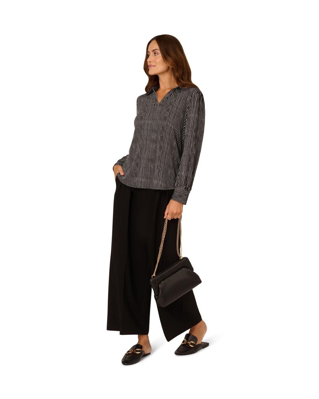 Adrianna Papell Black Long Sleeve V-Collar Top