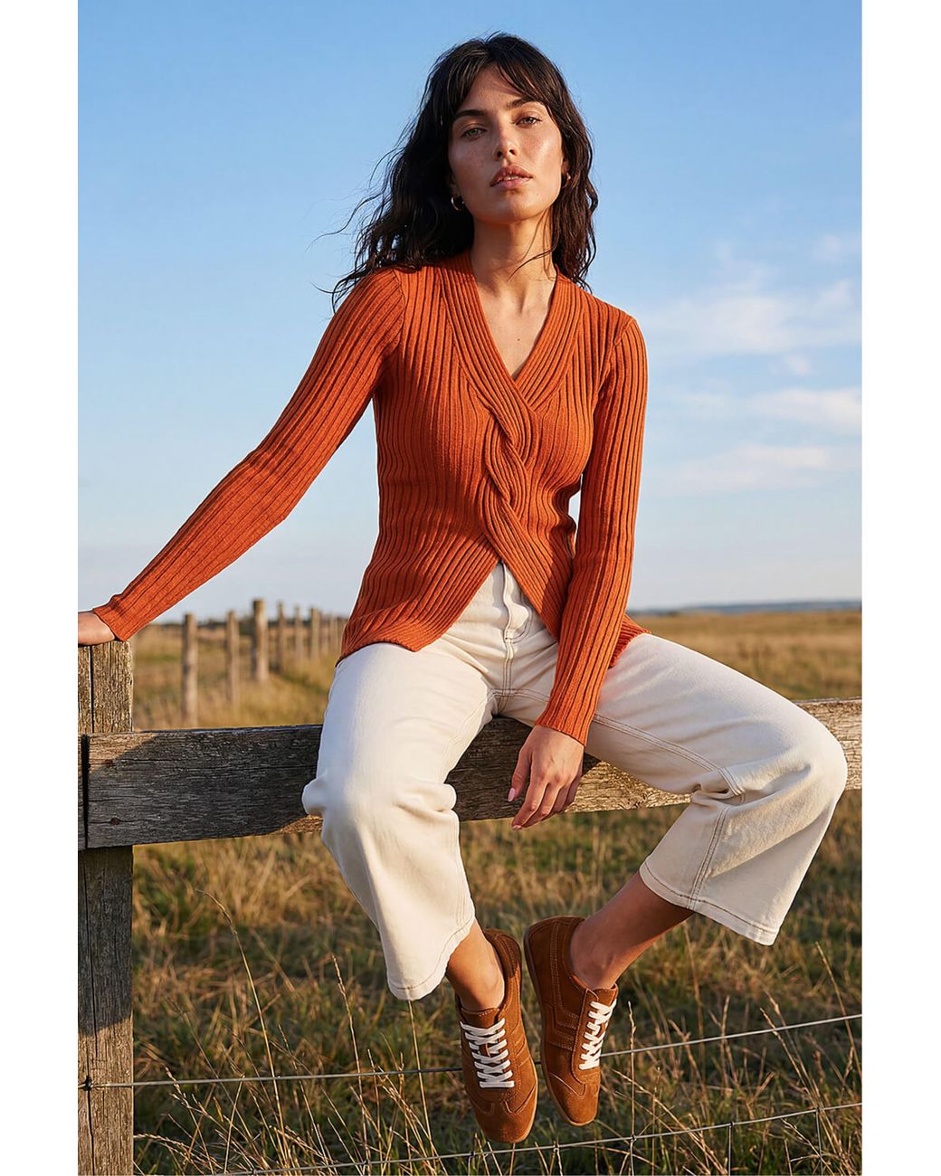 Roman Orange Cable Split Detail Rib Jumper