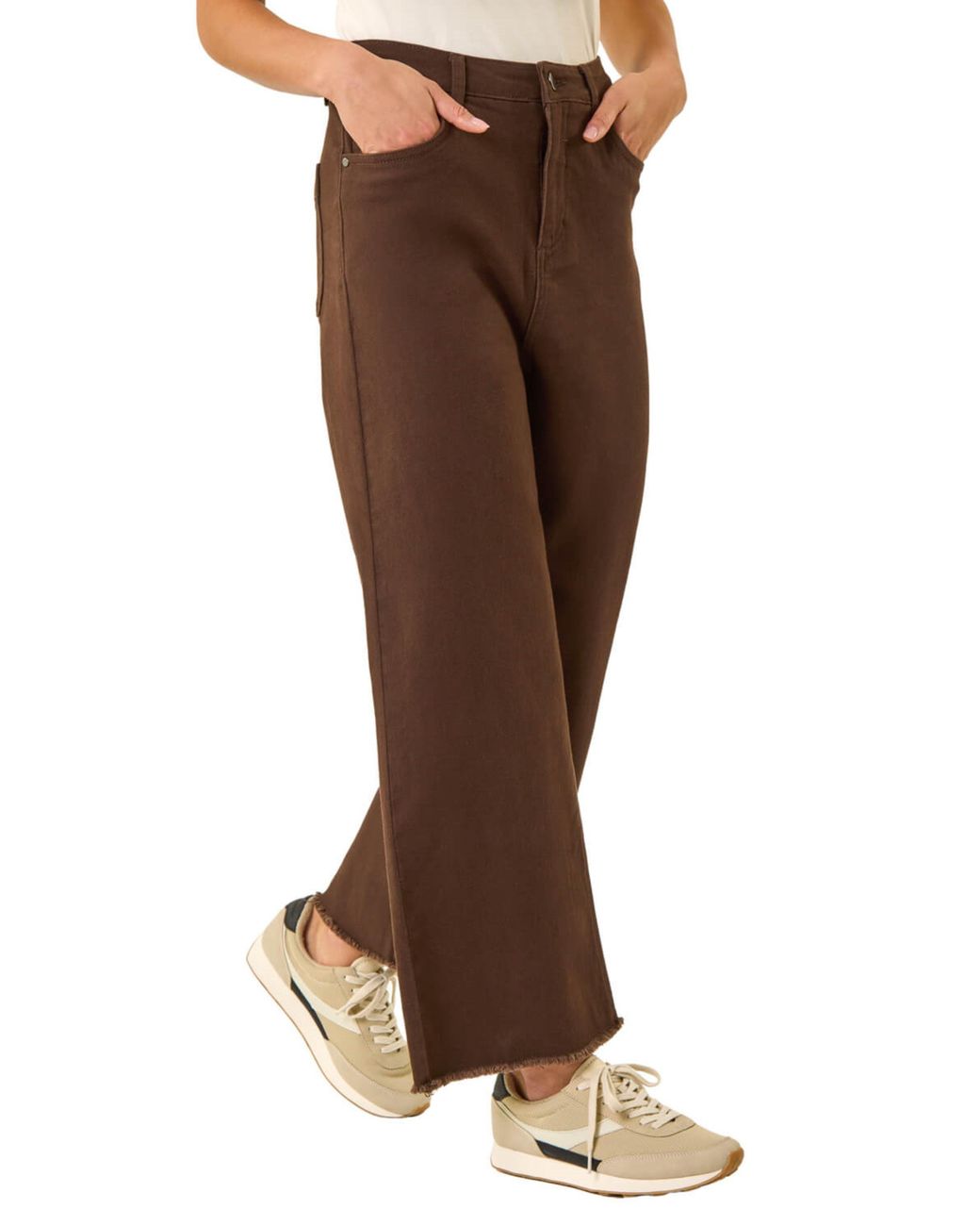 Roman Brown Petite Cotton Frayed Hem Trouser