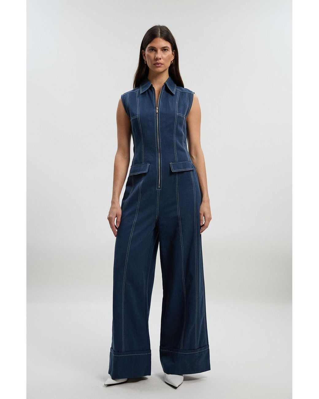 Karen Millen Blue Tall Tencel Cotton Contrast Stitch Zip Front Woven Jumpsuit