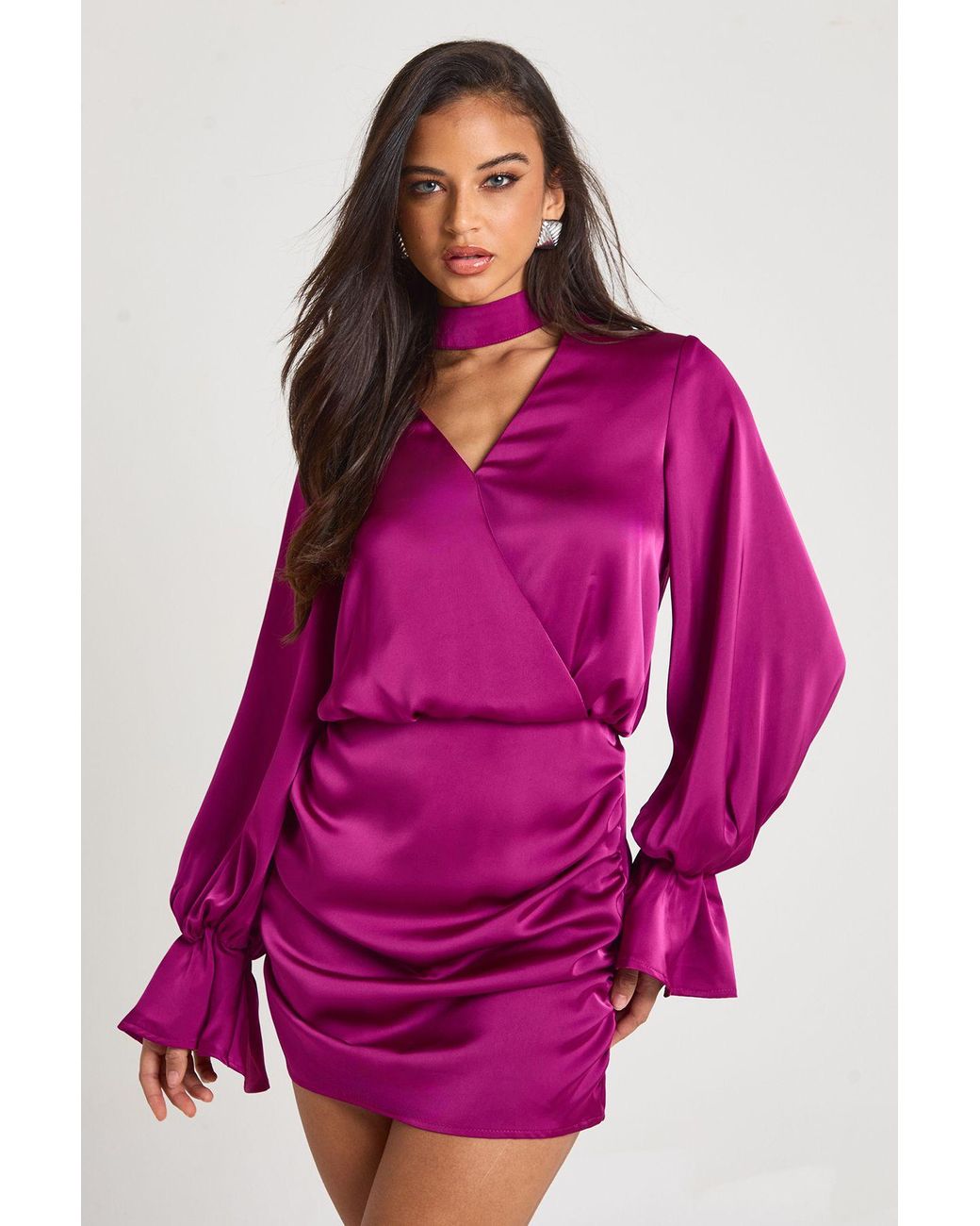 Boohoo Pink Satin Blouson Wrap Dress